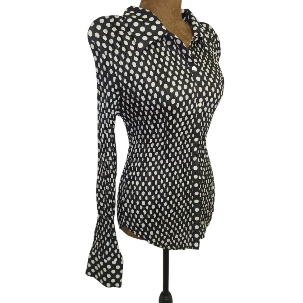 Anne Carson Womens Silk Blouse Button Up XL Polka Dot Pleated Top Black White